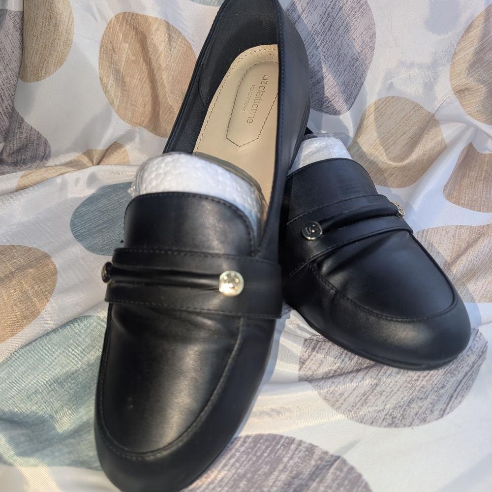 Liz Claiborne Black Moccasins with Gold Details